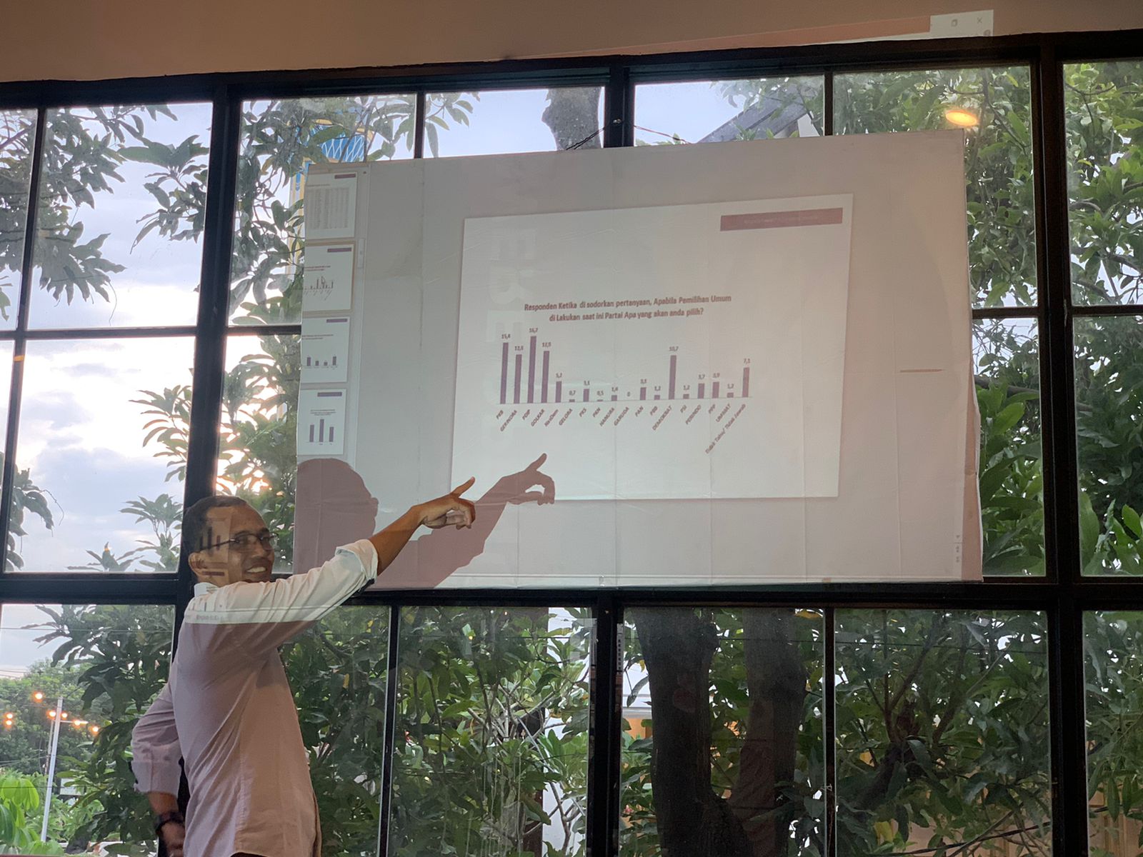 Direktur ARCI Baihaki Sirajt memaparkan hasil survey Capres di Surabaya, Jumat (24/2/2023)