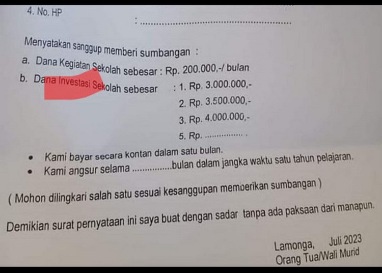 Selebaran surat peryataan ini ramai diperbincangkan oleh masyarakat di media sosial, karena dinilai sudah cukup memberatkan bagi orang tua siswa. SP/IST