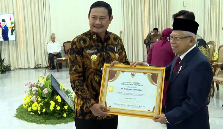 Bupati Lamongan Yuhronur Efendi saat menerima penghargaan Adhikarya Pembangunan Pertanian 2023 yang diserahkan oleh Wapres KH. Ma'aruf Amin. SP/IST