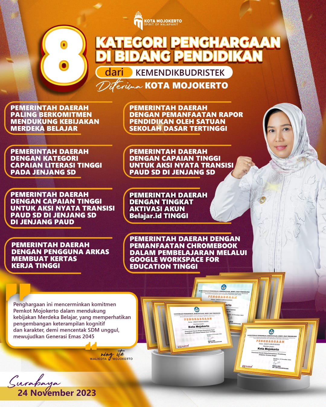 Pemkot Mojokerto menyabet 8 penghargaan berhengsi di bidang pendidikan