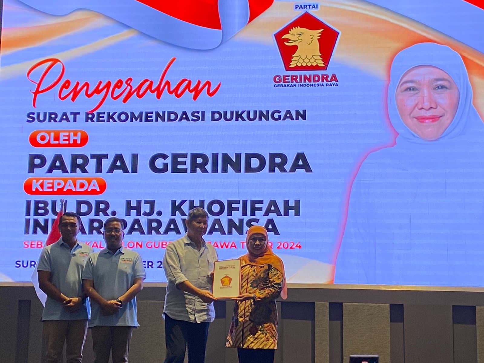Partai Gerindra secara resmi memberikan dukungan Khofifah untuk maju ke Pemilihan Gubernur 2024 mendatang. SP/Arlana Candra Byob