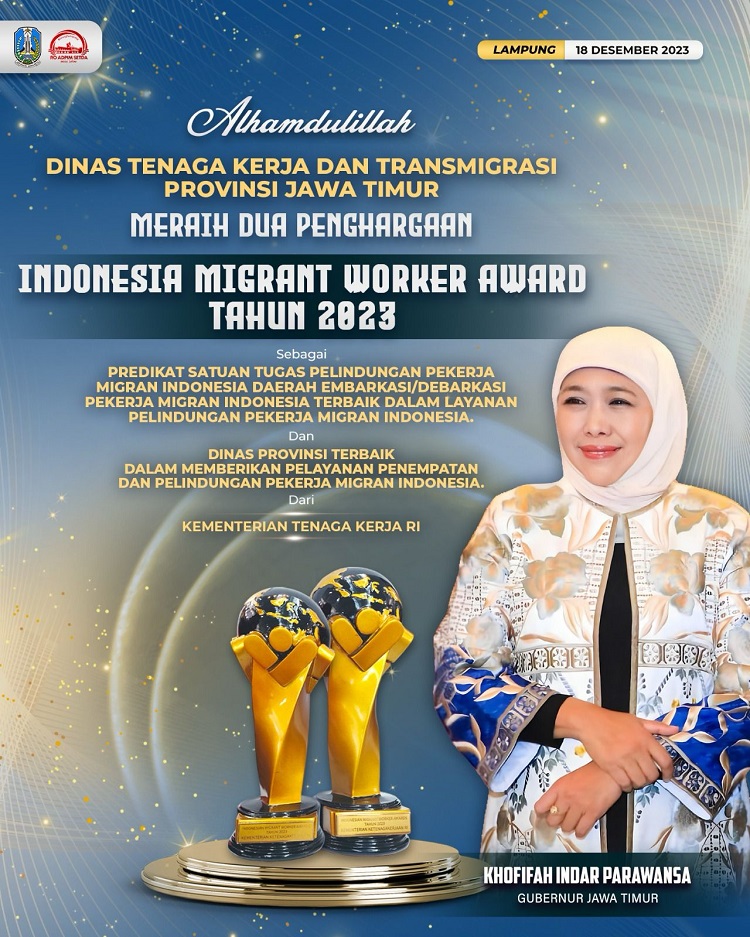 Pemerintah Provinsi Jawa Timur berhasil meraih dua penghargaan sekaligus pada ajang Indonesian Migrant Worker Award (IMWA)Tahun 2023 dari Kementerian Tenaga Kerja RI. SP/ Solihan Arif