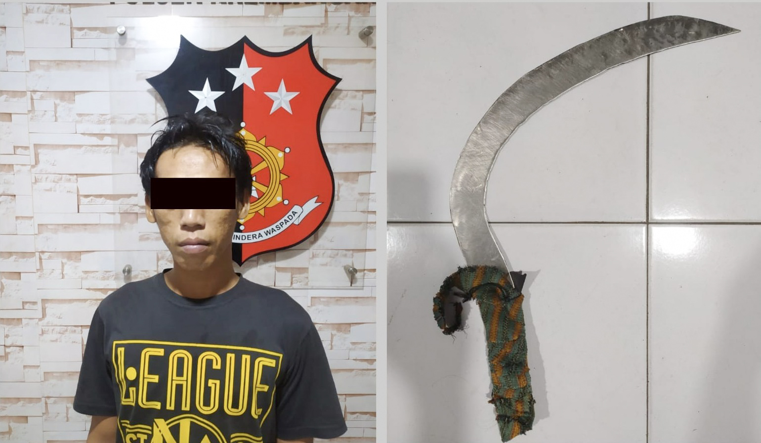 Pelaku dan barang bukti celurit yang diamankan oleh anggota kepolisian. Foto: SP/Ariandi.