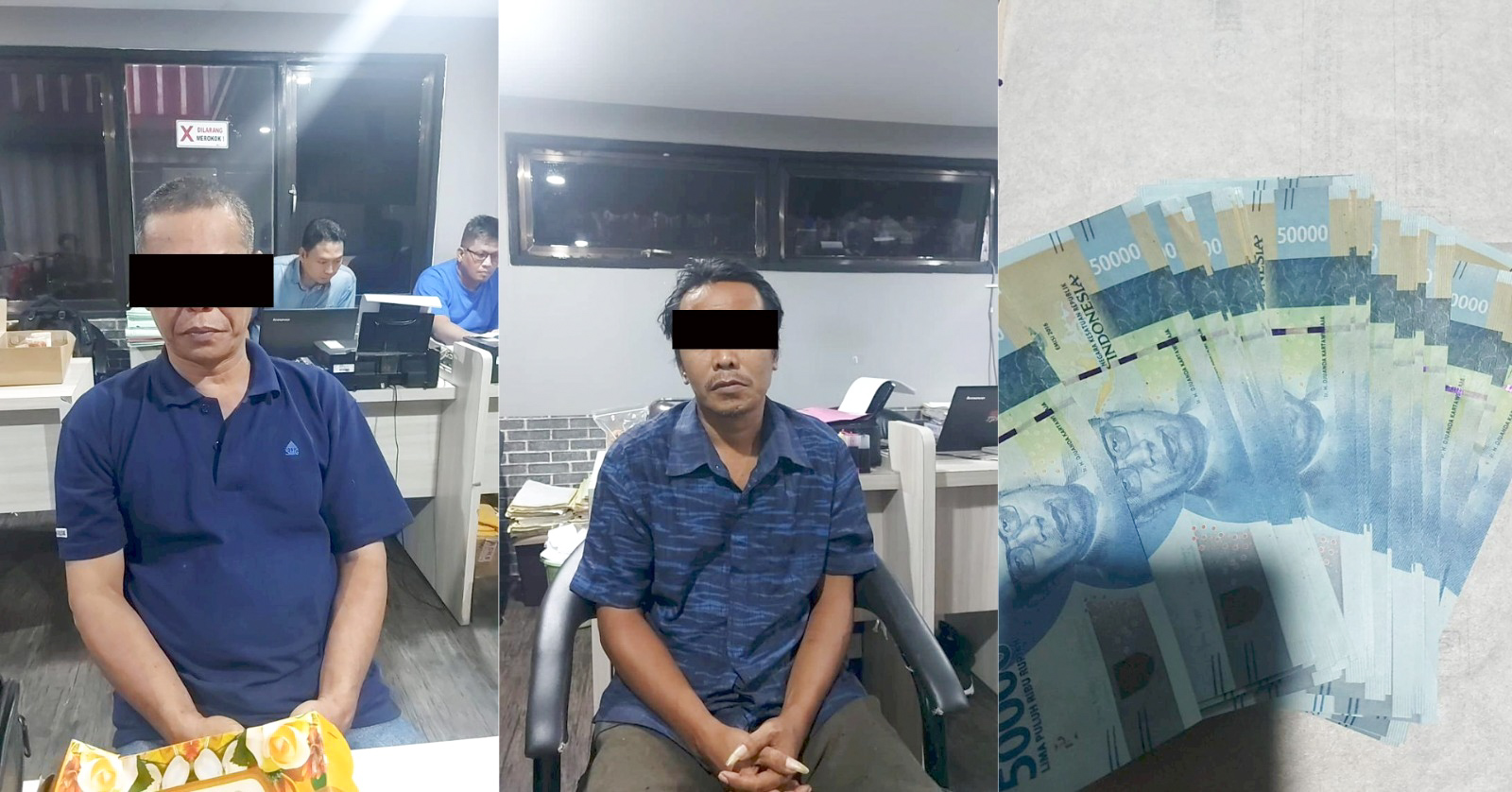Dua tersangka peredaran uang palsu dan barang bukti yang berhasil diamankan anggota kepolisian. SP/Ariandi.