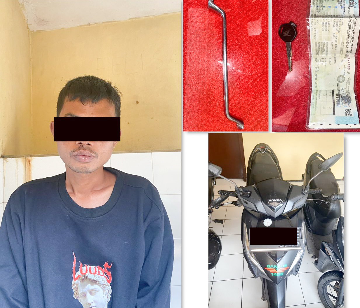 Tersangka curanmor dan barang bukti yang berhasil diamankan anggota Unit Reskrim Polsek Semampir. SP/Ariandi.