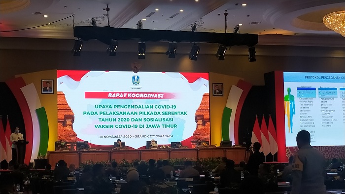 Rapat Koordinasi (Rakor) Penyerahan DIPA dan TKDD TA 2021  di Ballroom Grand City Surabaya, Senin (30/11).SP/BYTA INDRAWATI.