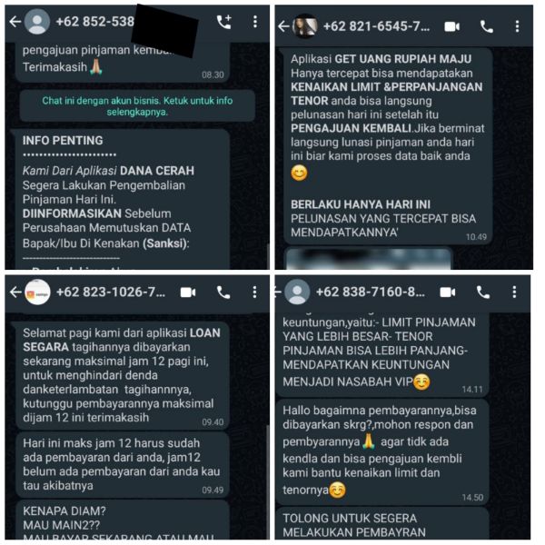 Berbagai ancaman yang dikirimkan oleh pinjaman online ilegal. 