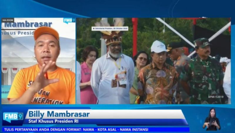 Diskusi Forum Merdeka 
Barat 9 (FMB 9) yang bertajuk "Otsus Papua Menuju Masyarakat Sejahtera" pada 
Senin (9/8/2021).