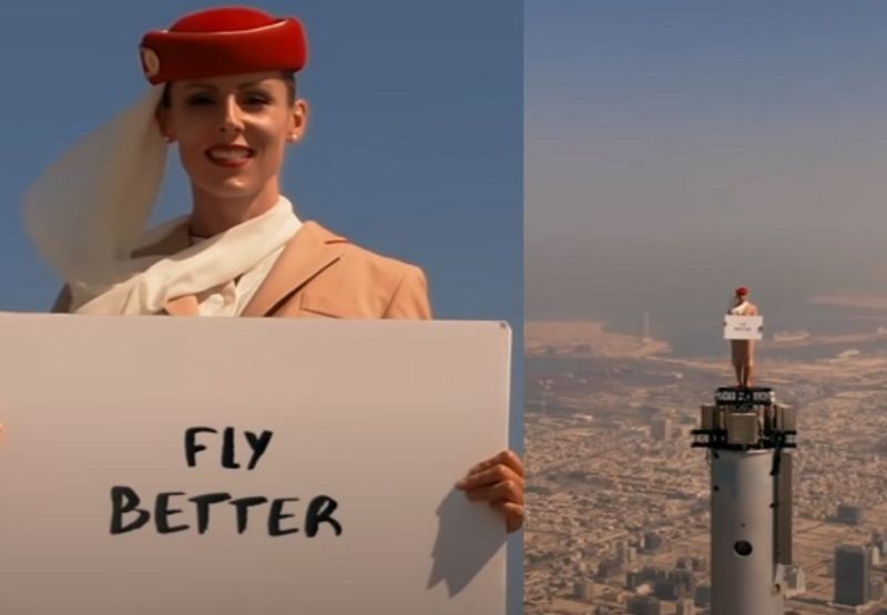  Video iklan Emirates Airline menampilkan wanita berseragam pramugari nangkring di pucuk gedung pencakar langit Burj Khalifa setinggi 828 meter. 
