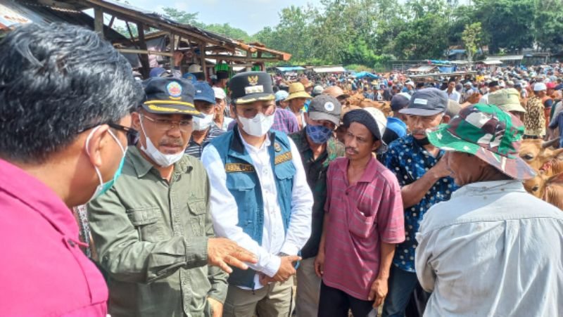 Wakil Ketua DPRD H. Fathurrahman (kiri) bersama bupati saat memberikan pemahaman kepada pedang di pasar hewan tanah merah.