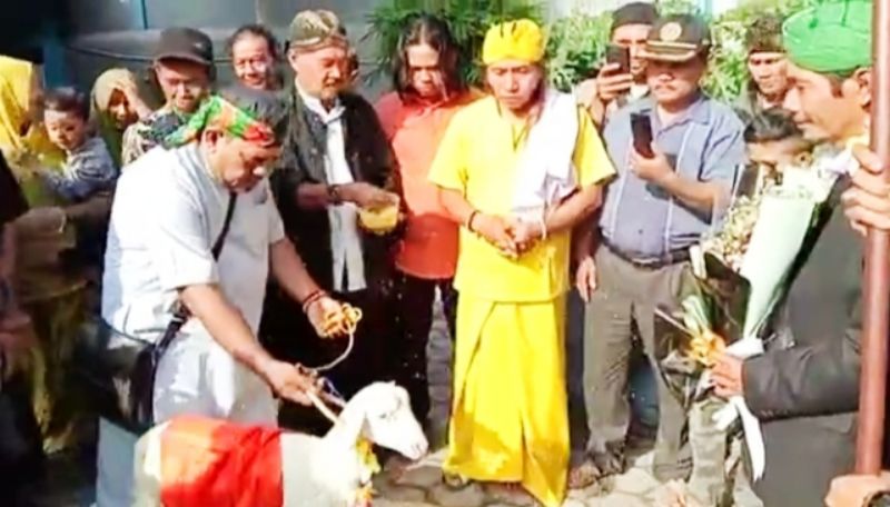 Nur Hudi Didin Arianto (busana warna kuning) saat perhelatan ritual pernikahan manusia dengan kambing pada 5 Juni lalu.
