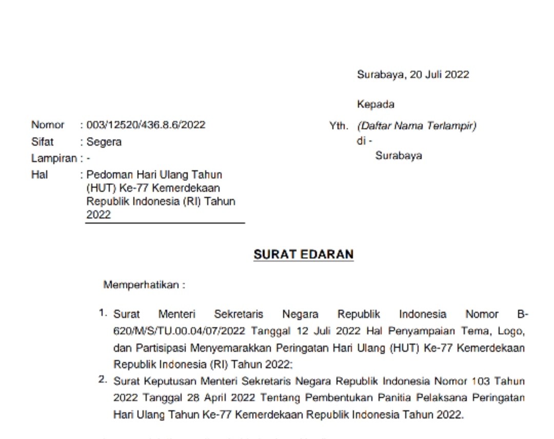 Dalam Surat Edaran (SE) tentang Pedoman Hari Ulang Tahun (HUT) ke-77 Kemerdekaan Republik Indonesia (RI) Tahun 2022. Sp/res