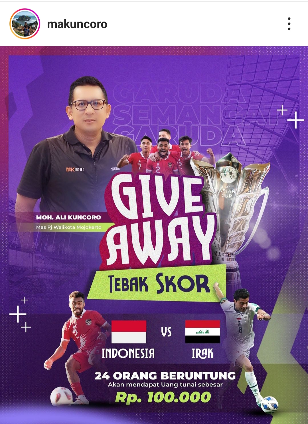 Giveaway tebak skor timnas Indonesia vs Irak di instagram milik Pj Wali Kota Ali Kuncoro