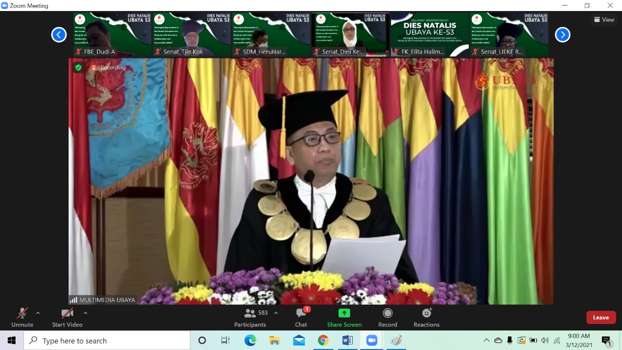 Peresmian program baru dilaksanakan bersamaan dengan Rapat Terbuka Senat Ubaya dengan Acara Tunggal Dies Natalis Ubaya ke-53 yang digelar secara daring pada Jumat (12/3/2021). SP/ MOCHAMMAD KASYFI FAHMI 