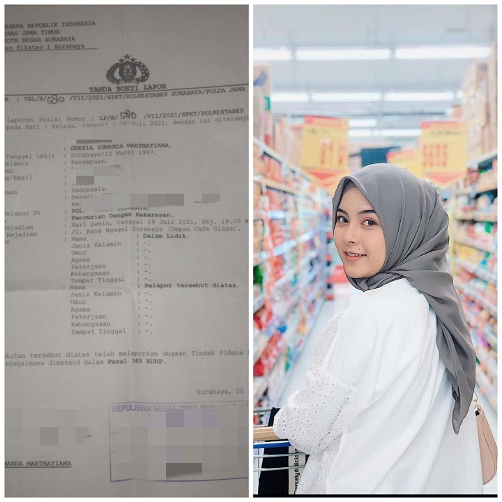 Gresia Zumarda, korban jambret beserta surat Laporan Polisi yang ia ajukan ke Polrestabes Surabaya. SP/Anggadia Muhammad
