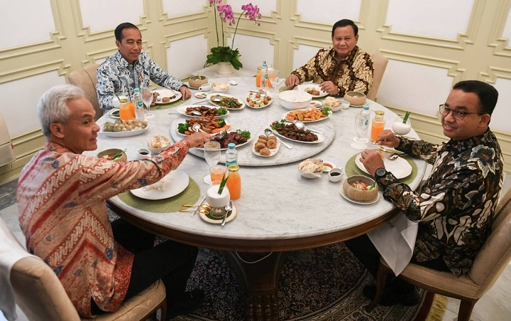 Momen makan siang antara Presiden Jokowi dengan 3 capres yang akan berlaga di Pilpres 2024 Ganjar, Prabowo dan Anies di Istana Merdeka Jakarta, Senin (30/10/2023).