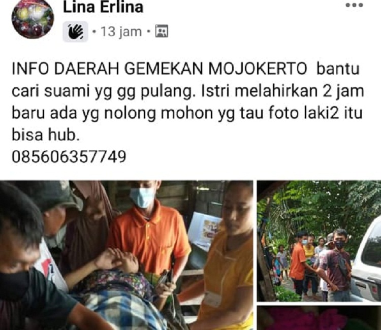 Capture postingan Akun facebook Lina Erlina yang menginformasikan seorang wanita cantik melahirkan seorang diri, dan mencari keberadaan suami. SP/Dwy AS