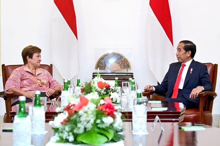 Pertemuan antara Presiden Joko Widodo dan Direktur Pelaksana Dana Moneter Internasional (IMF) Kristalina Georgieva, di Ruang Jepara, Istana Merdeka, Jakarta Senin (04/09/2023)