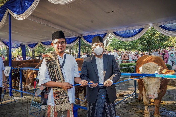 Wakil Ketua DPRD Jatim Anwar Sadad (kanan) menyerahkan Sapi kepada panitia Masjid Al Akbar Surabaya. SP/RKO