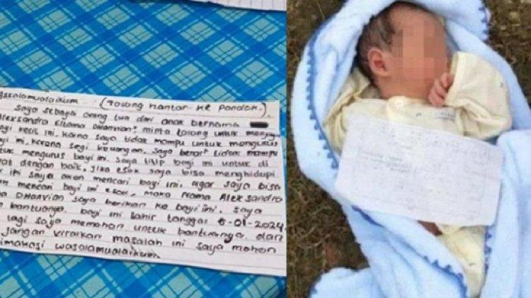 Surat wasiat dari pelaku pembuang bayi laki-laki di Banyuwangi (kiri) Ilustrasi bayi (kanan). SP/ BYW