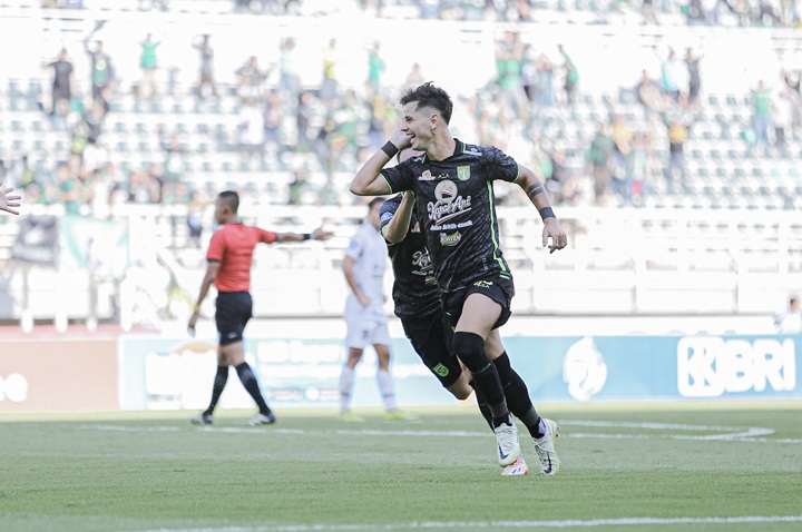 Ekspresi Bruno Moreira yang mencetak gol pembuka ke gawang Borneo FC, pada Minggu (3/9/2023).