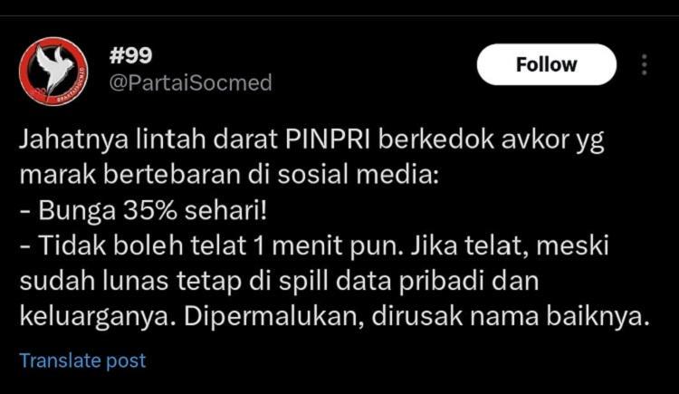 Cuitan Akun @PartaiSocmed tentang Pinjaman Pribadi (Pinpri), Selasa (29/08/2023)