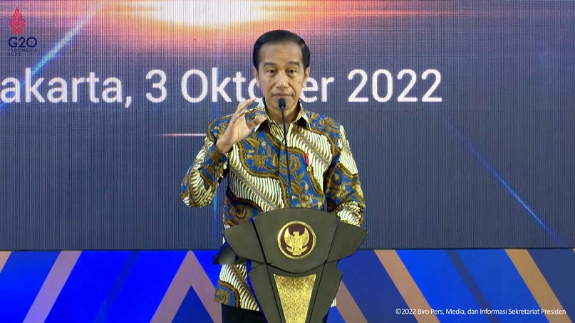 Presiden Jokowi saat acara peluncuran Gerakan Kemitraan Inklusif untuk UMKM Naik Kelas, Senin (3/10/2022).