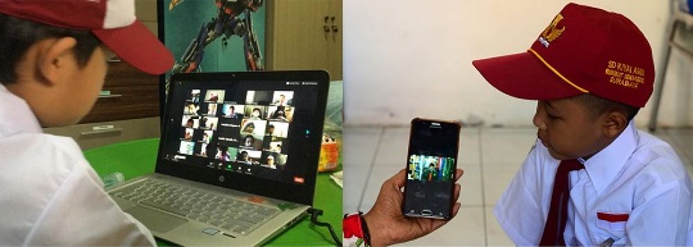 Umar Satrio dan Ahmad Muhaimin, saat mengikuti perkenalan masa lingkungan sekolah (MPLS) secara online di SD Al-Falah Surabaya dan SD Kiyai Amin, pada tahun ajaran baru 2020/2021 di rumahnya masing-masing, Senin (13/7/2020).

Foto: Sp/raditya/patrick