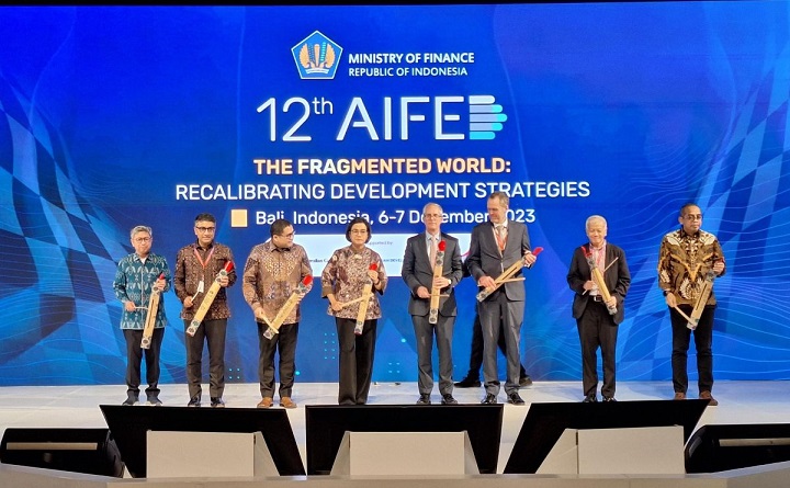 Menteri Keuangan Sri Mulyani dalam Annual International Forum on Economic Development and Public Policy (AIFED) ke-12 di Grand Hyatt Bali, Rabu (6/12/2023).