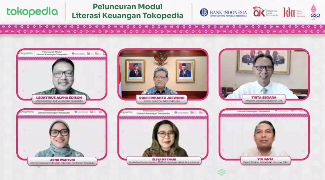 Tokopedia mengadakan virtual media briefing Tokopedia Bersama BI dan OJK Luncurkan Modul Literasi Keuangan untuk UMKM Indonesia yang menghadirkan *Vice Chairman and Co-founder Tokopedia*, Leontinus Alpha Edison, *Deputi Gubernur BI*, Doni Primanto Joewono