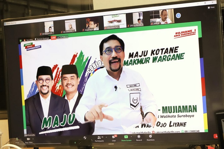 Situasi webinar yang membahas eks lokalisasi Dolly, dihadiri Calon Wali Kota Surabaya Machfud Arifin dan Calon Wakil Wali Kota Surabaya Armuji, Rabu (7/10/2020). SP/alqomar