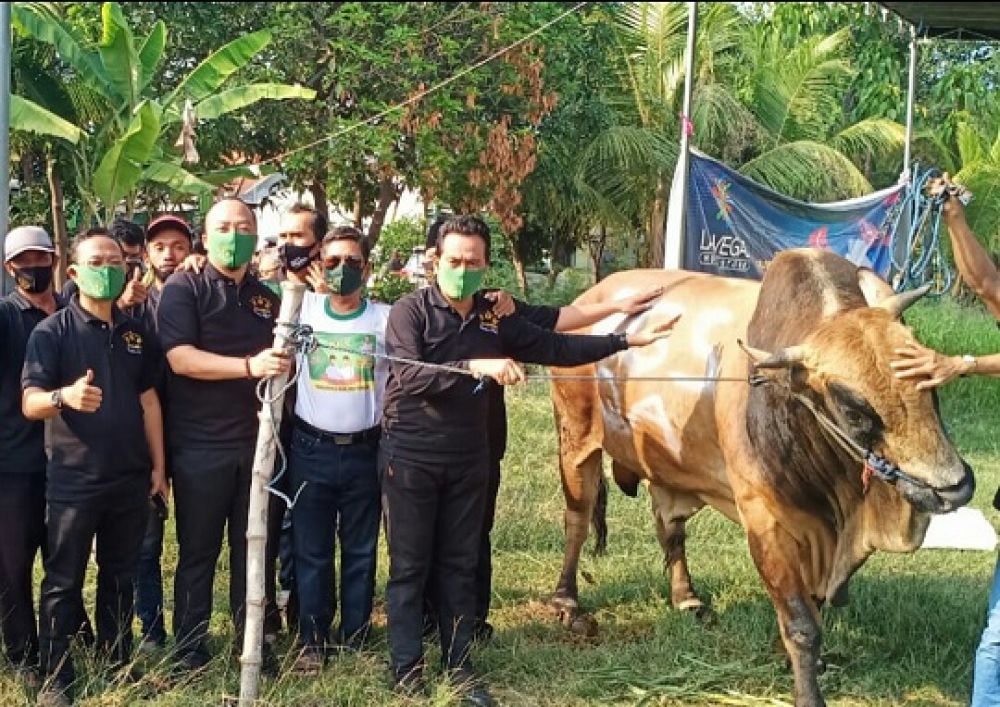 Paslon Qosim-Alif mendampingi pendiri RGS M Khozin Ma'sum (tengah) jelang pemotongan hewan kurban berupa sapi seberat 1,2 ton. SP/M.AIDID