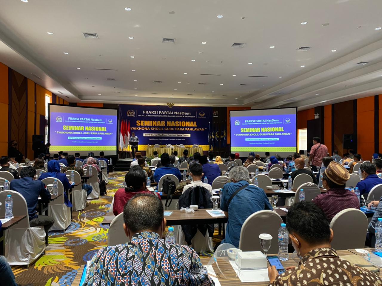 Seminar Nasional tentang usulan Gelar Pahlawan Nasional kepada KH Syaikhona Cholil yang digelar Partai Nasdem di Surabaya, Sabtu (20/3/2021). Foto : SP/Riko Abdiono