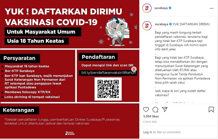 Tangkapan layar informasi  program vaksinasi covid-19 massal Surabaya. SP/@ SURABAYA