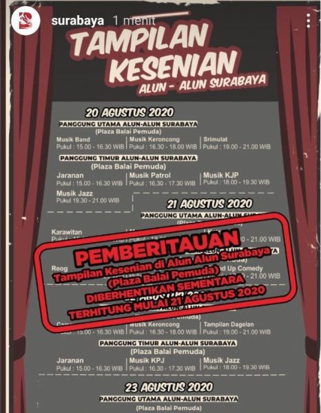 Pemberitahuan penghentian acara seni di Alun-alun Suroboyo. SP/ DECOM