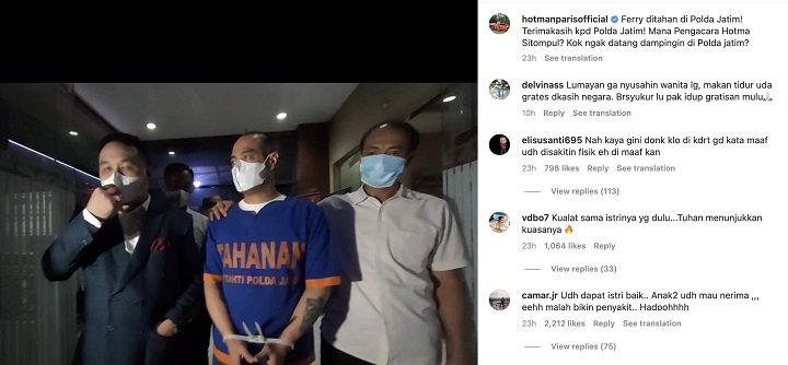 Tangkap layar postingan Hotman Paris di akun Instagramnya, usai Ferry Irawan ditahan oleh Polda Jatim, Senin malam kemarin. Hotman mempertanyakan Hotma Sitompul, yang tidak mendampingi Ferry Irawan saat ditahan.