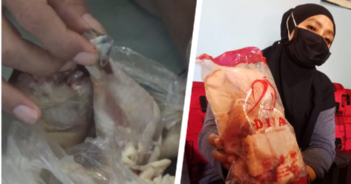 Kolase daging ayam busuk yang dibagikan ke masyarakat beberapa waktu lalu (kiri) dan daging ayam beku pengganti yang dibagikan ke masyarakat (kanan).