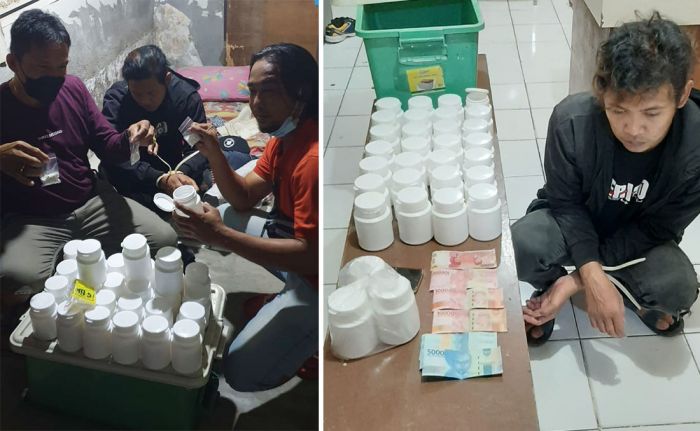 Petugas menunjukkan barang bukti yang ditemukan di rumah tersangka. Foto kanan, tersangka digelandang ke Mapolsek Taman.