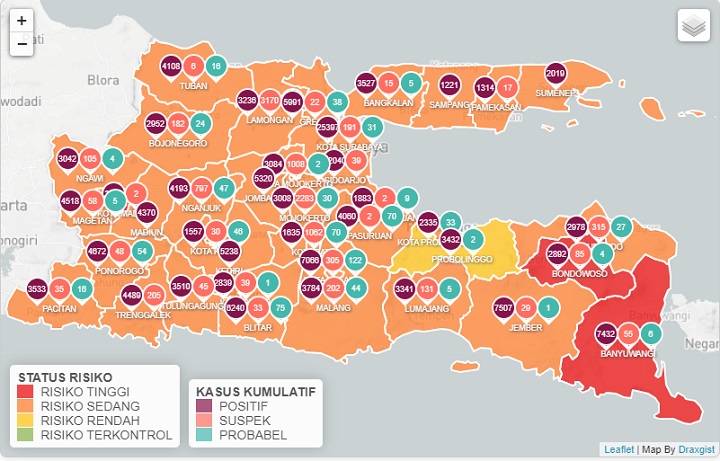 Peta kasus covid-19 di Jatim