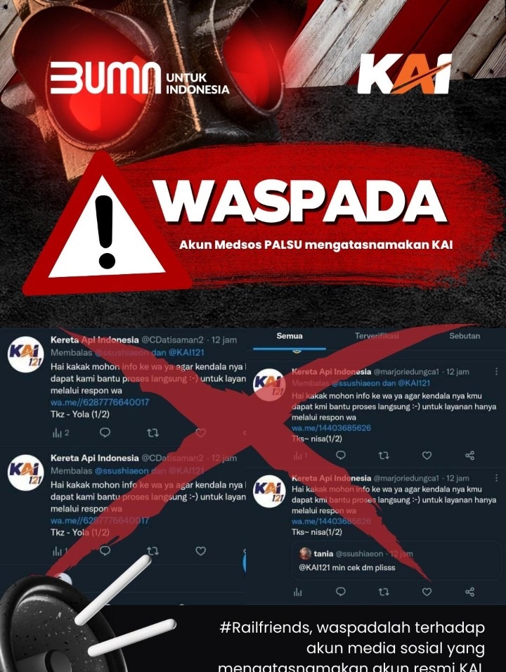 Himbauan waspada akun twitter palsu PT KAI beredar. SP/Hadi Lestariono