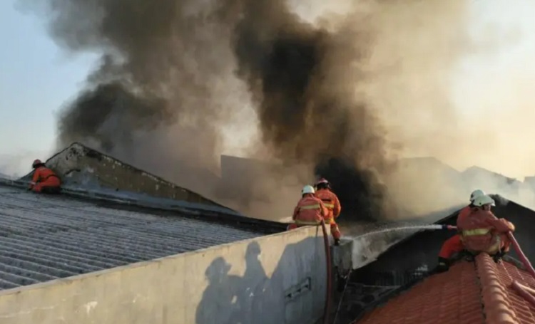 Petugas pemadam kebakaran saat memadamkan api di gudang cat yang terbakar di Jalan Lebak Jaya III C Utara, Tambaksari, Surabaya, Jawa Timur pada Jumat (21/7/2023) pagi. SP/ Command Center Surabaya