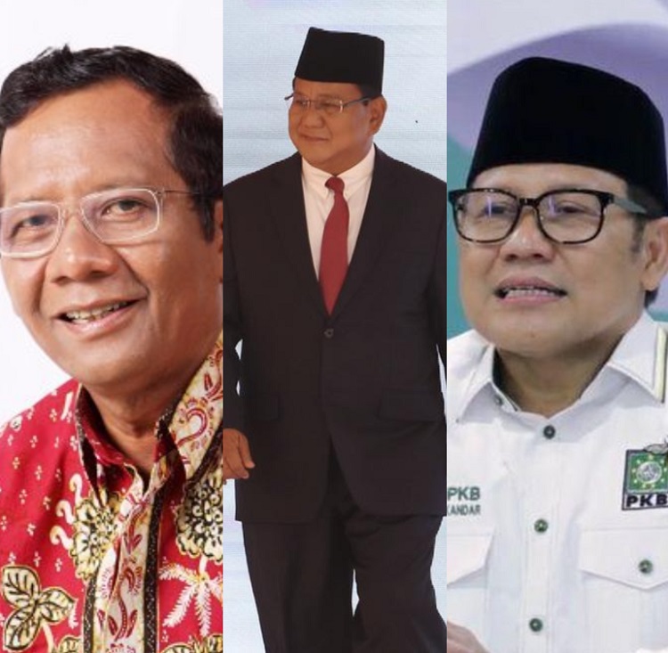 Menko Polhukam Mahfud MD (kiri),  Ketua Umum Partai Gerindra Prabowo Subianto (tengah) dan Ketua Umum PKB Muhaimin Iskandar atau Cak Imin (kanan). SP/ SBY