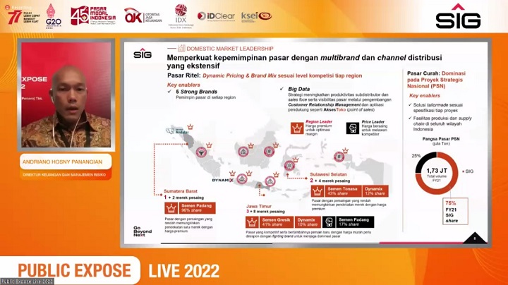 Direktur Keuangan dan Manajemen Risiko SIG, Andriano Hosny Panangian memberikan paparan pada acara Public Expose Live 2022. SP/Grs.