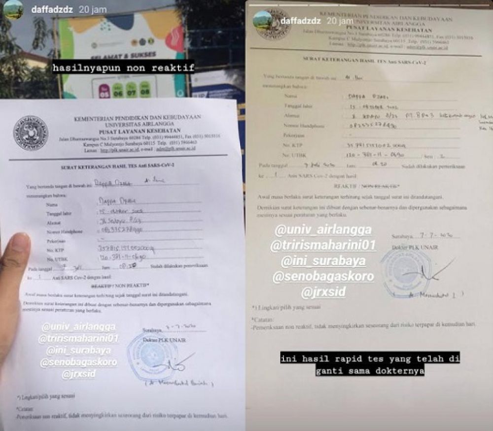 Hasil tes Daffa yang sebelumnya non reaktif (kiri) lalu menjadi reaktif (kanan).