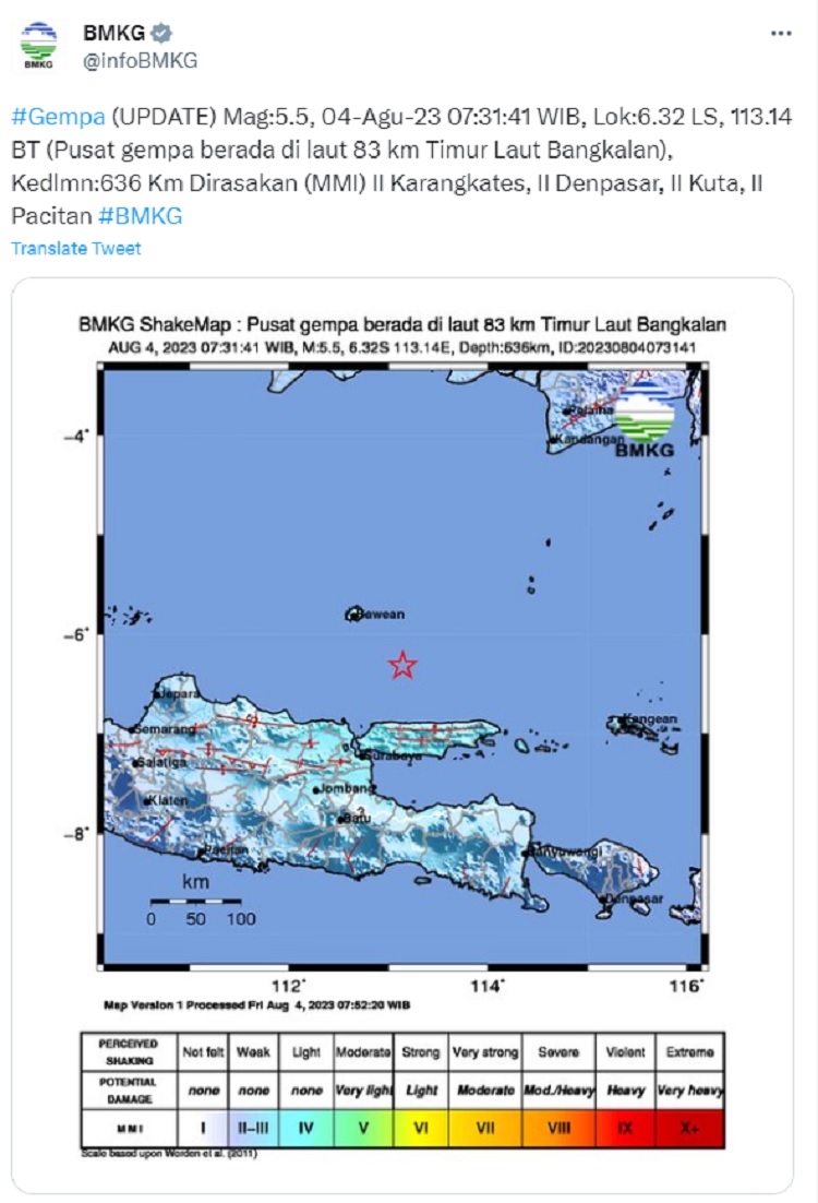 Peta pusat gempa magnitudo 5,5 di wilayah timur laut Bangkalan, Jawa Timur, Jumat (4/8/2023). SP/ Twitter: @BMKG