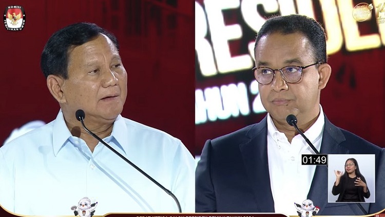 Calon Presiden (Capres) nomor urut 1, Anies Baswedan dan Calon Presiden (Capres) nomor urut 2, Prabowo Subianto saling serang di debat Capres ketiga, Minggu (07/01/2024). SP/ JKT