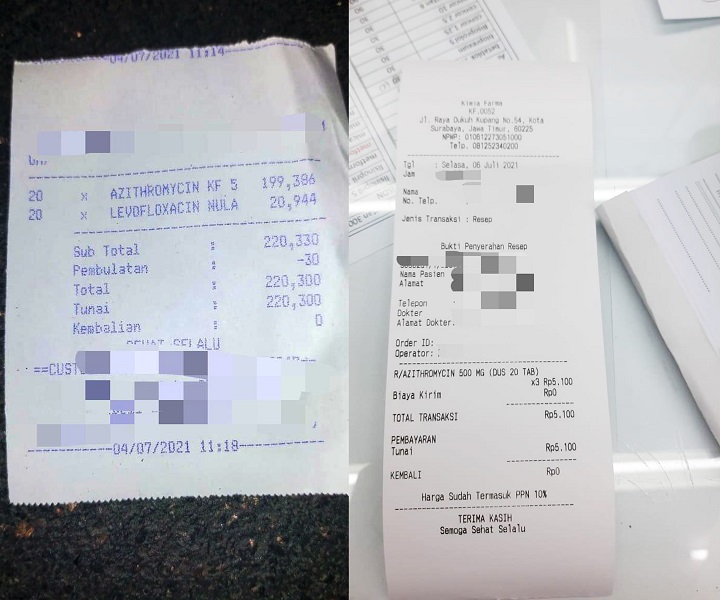 Dua struk berbeda yang menjual Azithromycin, dimana ada harga yang sesuai HET dan harga yang diatas HET. Tim Surabaya Pagi