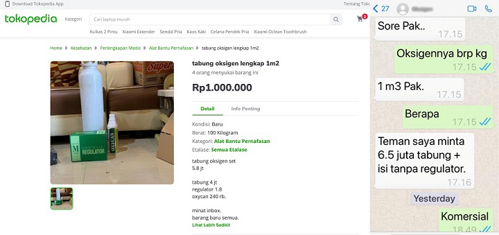 Tangkapan layar perbandingan penjualan tabung oksigen di online shop dan salah stau penjual di WA.