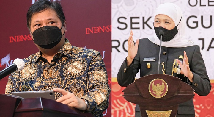 Ketua Umum Partai Golkar Airlangga Hartarto (kiri) dan Gubernur Jawa Timur Khofifah Indar Parawansa (kanan)