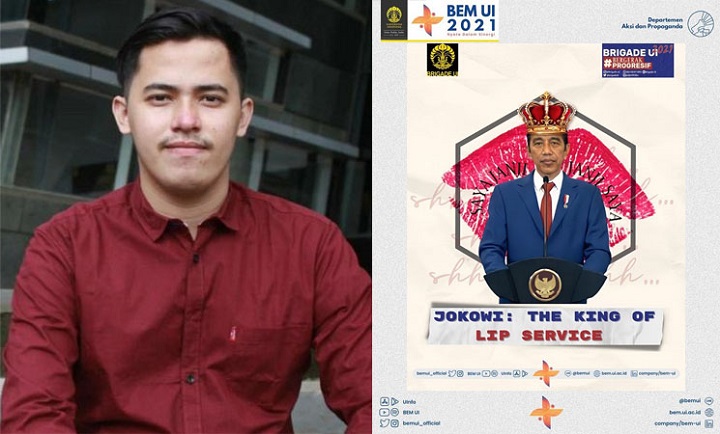 Kolase Ketua BEM UI Leon Alvinda Putra (kiri) dan Postingan  Jokowi King of Lip Service (kanan).